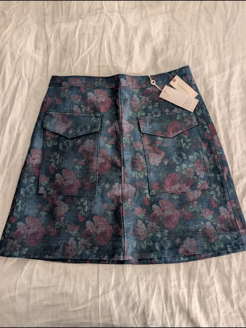 Floral Denim A-Line Skirt in Blue and Pink